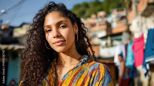 Close-up portrait of a young Brazilian woman standing in a vibrant favela neighborhood