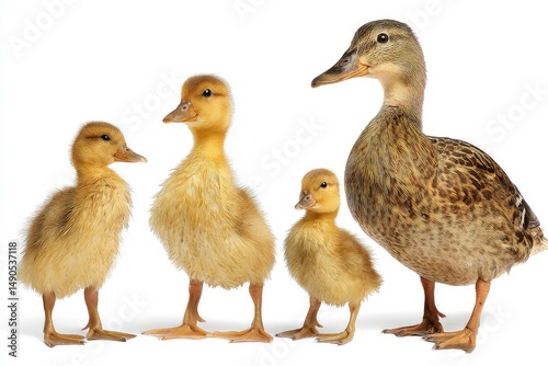 Ducklings and adult duck standing in a row capturing the growth stages from fluffy yellow hatchlings to a fully feathered waterfowl isolated on white background