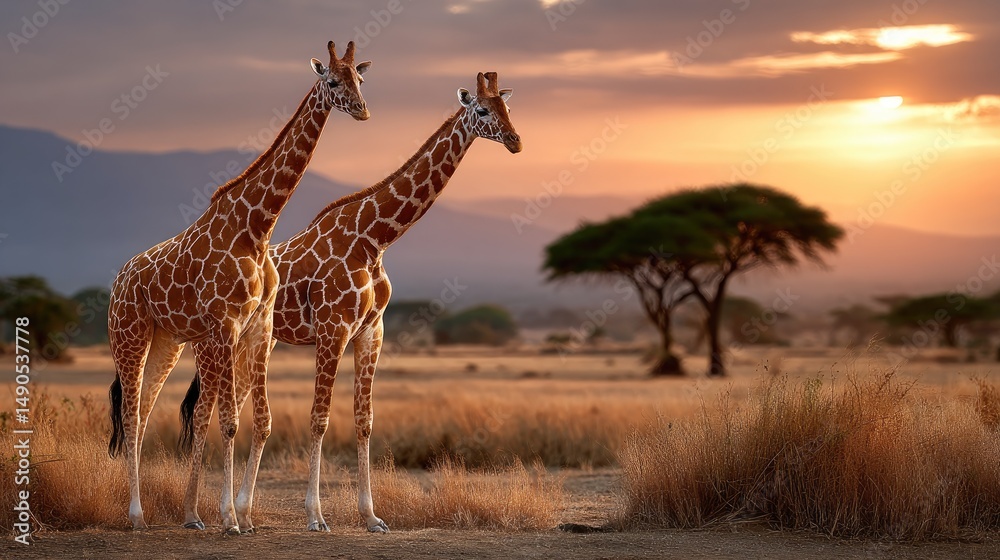 Obraz premium Giraffes sunset savanna landscape