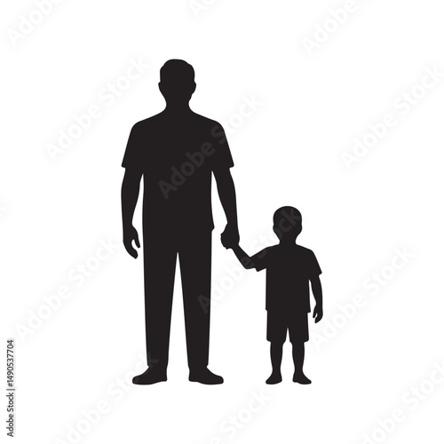  Father and son silhouette illustration showing hand-holding in a bonding gesture, representing family, care, and connection in a minimalistic design.