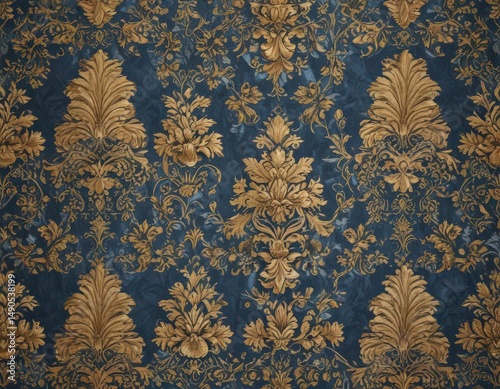 Intricate gold & blue damask floral wallpaper  Seamless pattern , elegant, high-resolution