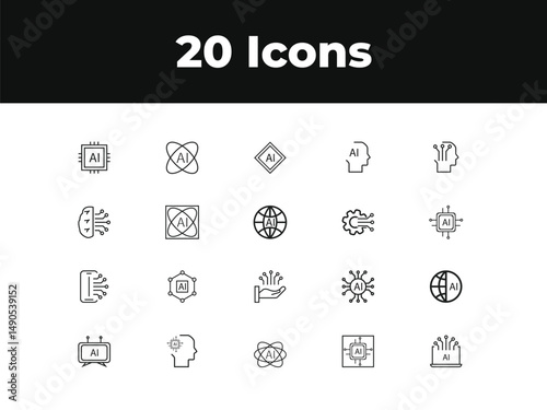 Artificial intelligence line icon set. Set of outline icons related to virtual assistant, generative AI, robotic, data science and others. Vector illustration.