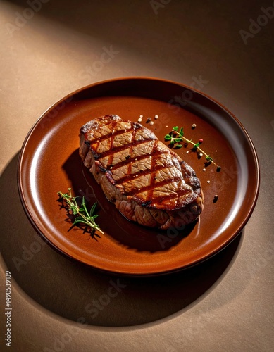 Juicy grilled steak with grill marks served on a rustic brown ceramic plate garnished with fresh herbs and black pepper, close-up photo