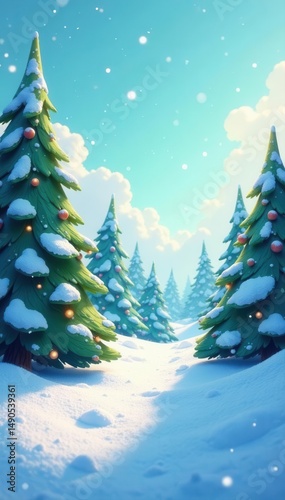 Playful cartoon pines dusted with snow, vibrant winter backdrop, fun, elegant, cold