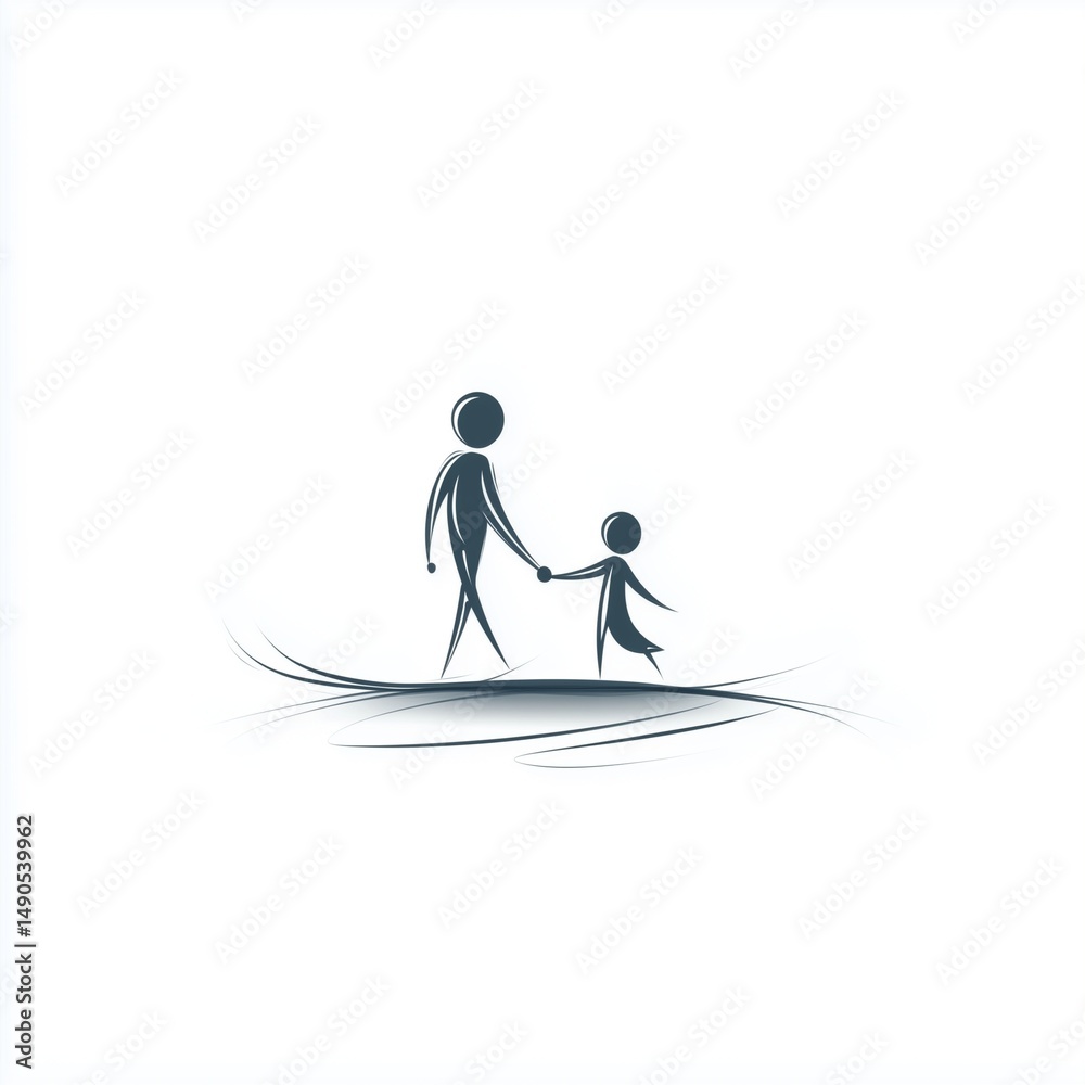Fototapeta premium A stark black-and-white line art of a parent and child holding hands, surrounded by abstract ripples. The child’s figure is smaller and partially submerged in stylized water waves.