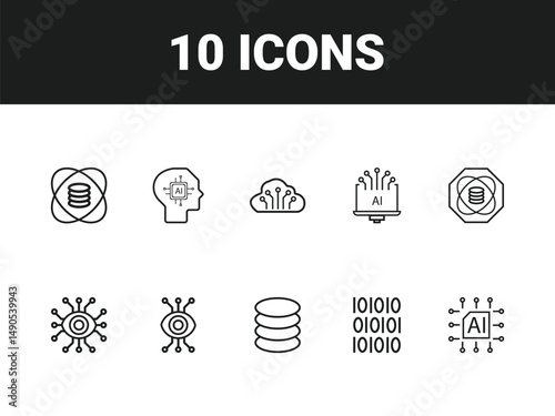 Artificial intelligence line icon set. Set of outline icons related to virtual assistant, generative AI, robotic, data science and others. Vector illustration.