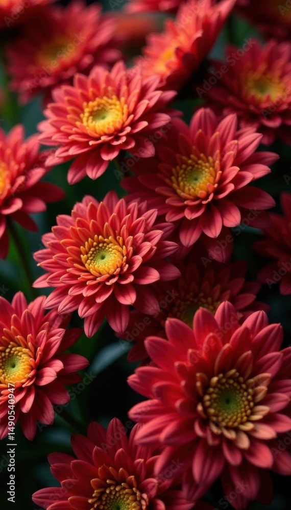 Fototapeta premium Luxurious gold & crimson chrysanthemums, densely petaled , bouquet, luxury