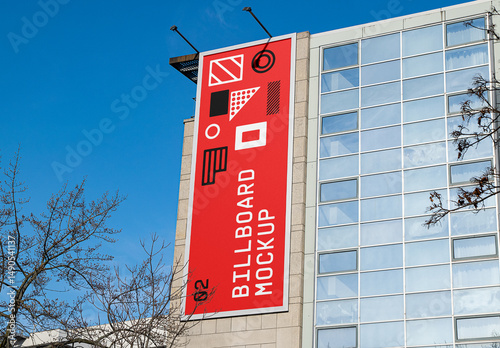 Vertical Billboard Hanging on Building Mockup
