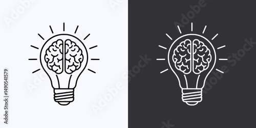 Brain Light Bulb Icon – Vector Outline – Black and White Preview