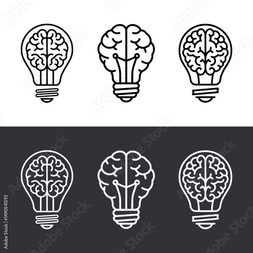 Brain Light Bulb Icon Set – Vector Outline – Black and White Preview