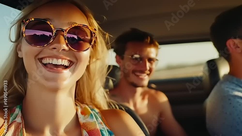 Joyful friends enjoying a scenic road trip in a car during sunset, capturing carefree moments