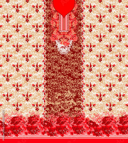 Elegant Floral Digital Print with Ornamental Neckline – Traditional Fabric Design in Red and Beige. Ideal for kurti fronts, tunics, or festive ethnic wear.