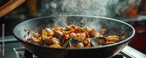 spicy wok-fried clams with peppers and smoke from high heat stir frying