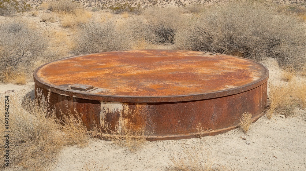 Fototapeta premium Rusty metal circle on sandy ground