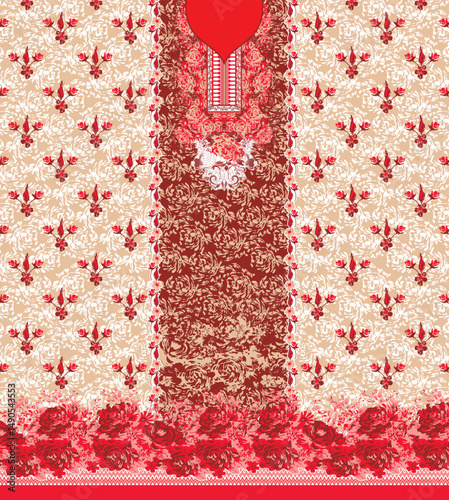 Elegant Floral Digital Print with Ornamental Neckline – Traditional Fabric Design in Red and Beige. Ideal for kurti fronts, tunics, or festive ethnic wear.