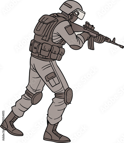 Illustrated Modern Soldier in Combat Gear: Tactical Stance with Rifle and Helmet - Military Action Artwork for Strategic Uses
