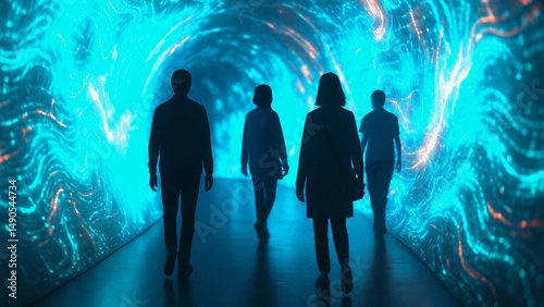 Four people walking through an immersive futuristic projection tunnel with glowing blue and orange lights and digital wavy patterns, experiencing augmented or virtual reality