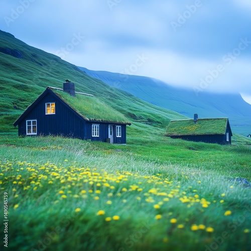 Charming black cottages amidst lush green landscape under cloudy sky.