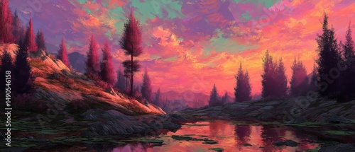 Scenic view of vibrant sunset over tranquil river. photo
