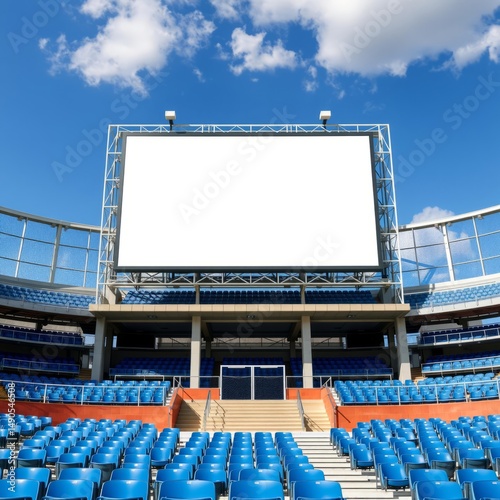 Large blank billboard at sports stadium entrance modern structure with blue stadium seats empty space perfect for advertising design showcase outdoor sports venue with clear blue sky clouds billboard 