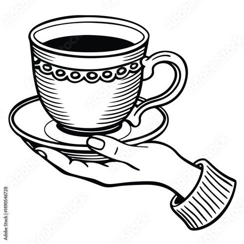 Elegant black and white line art of a hand holding a detailed teacup on a saucer. Features a cozy sweater sleeve and rich outlines. Ideal for  kitchen decor, cafe prints, stickers, tea-themed design
