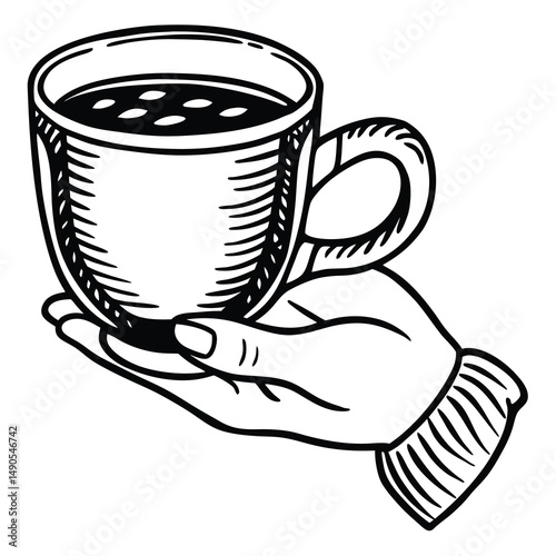 Elegant black and white line art of a hand holding a detailed teacup on a saucer. Features a cozy sweater sleeve and rich outlines. Ideal for  kitchen decor, cafe prints, stickers, tea-themed design