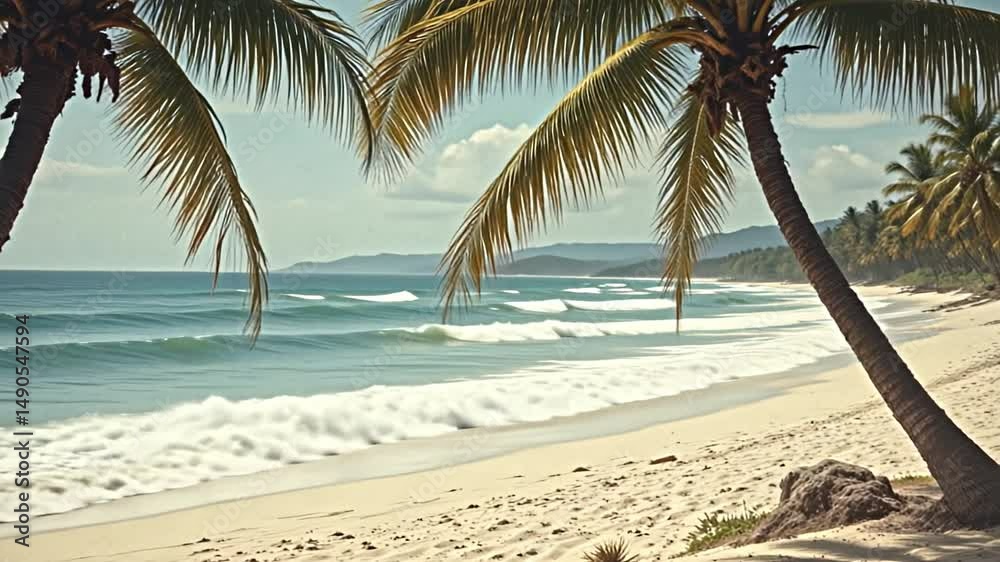 rolling waves break softly on a wide, level beach composed of ivory colored sand. mature palm trees frame the view, their leaves rustling in the tropical breeze