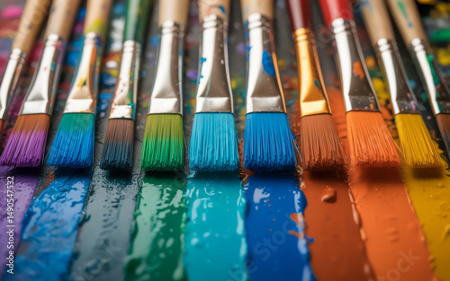 A close-up macro photograph of paintbrushes arranged in a rainbow color gradient pattern