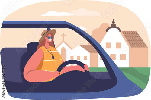 Woman traveling by car vector illustration