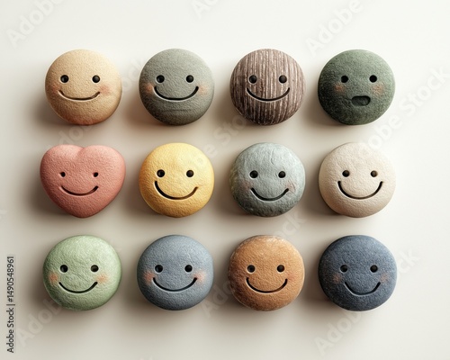 Colorful Happy wooden with Smiling Faces on a Light Surface