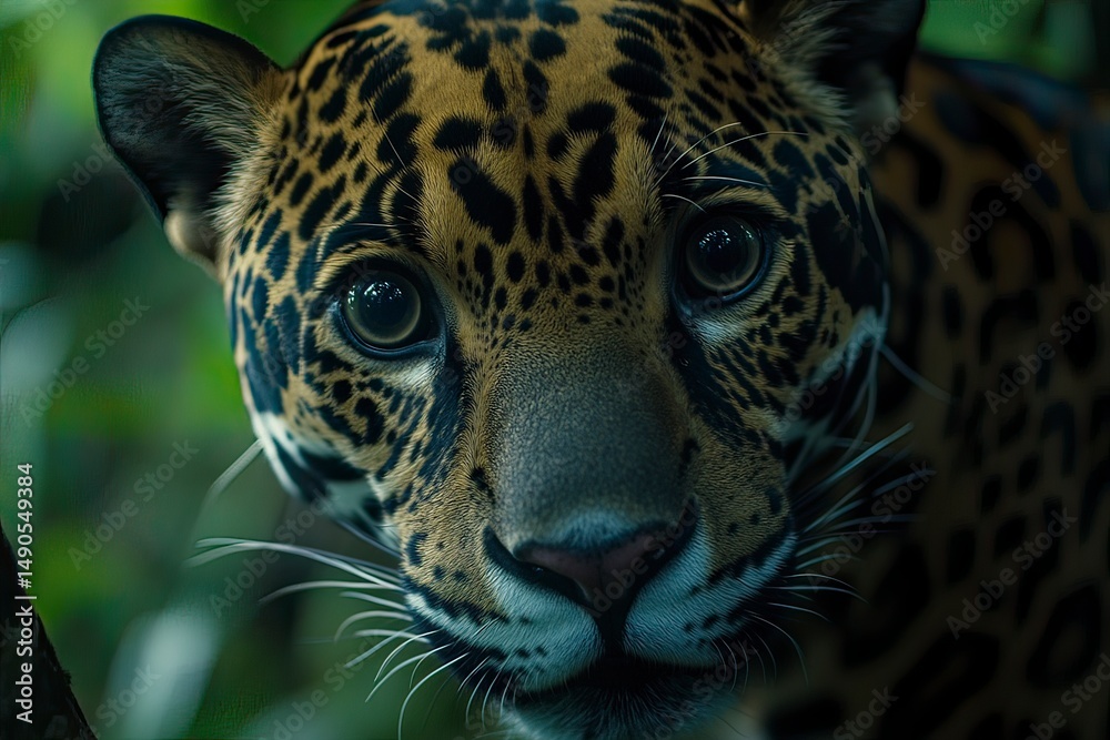 Obraz premium Close-up portrait of a jaguar, also known as a panther. The jaguar is looking at the camera with big eyes and a curious expression. In its natural habitat in Central America, on a green background. 