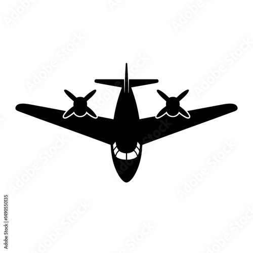 A silhouette of an airplane is shown from a frontal view, featuring two propellers on each wing