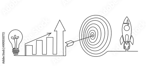 Continuous one line drawing of light bulb with a dart board  increasing up arrows bar graph and Rocket launch  ship. Startup idea and winning education or business success