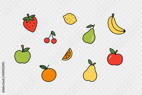 Bright fruit set in doodle style with clean outlines on transparent background. Perfect for creating patterns, kids’ design, packaging, and textiles. Vector illustration EPS10.