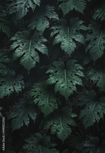 Intricate black & green exotic leaf pattern; shadowy, stylish, mysterious, art, green, tropical