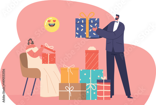 Bride groom unpacking gift boxes