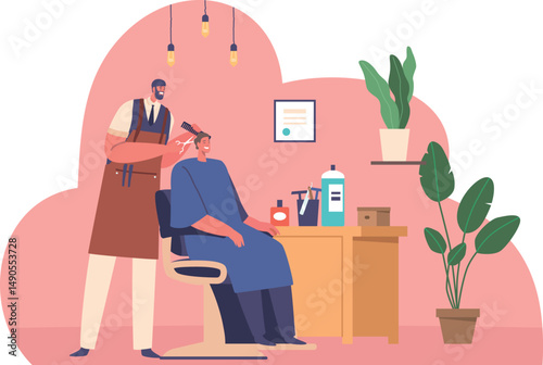 Groom hairstyling at barbershop vector illustration