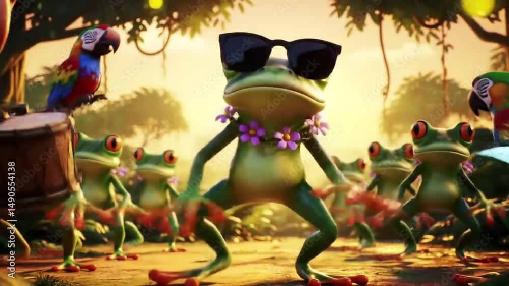 Title Vibrant group of dancing frogs with a parrot playing a drum. Suitable for childrens books, music events, and tropicalthemed designs. Illustration, animals, music, fun, colorful.
