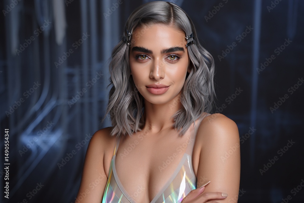 Naklejka premium Beautiful Woman Portrait with Grey Hair and Holographic Top