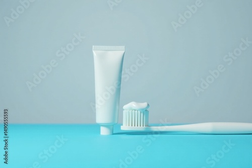 A pristine white tube of toothpaste sits beside a toothbrush with a dollop of paste, creating a minimalist image of oral hygiene on a vibrant blue surface.