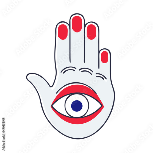 Hamsa hand with eye symbol in flat style red and blue