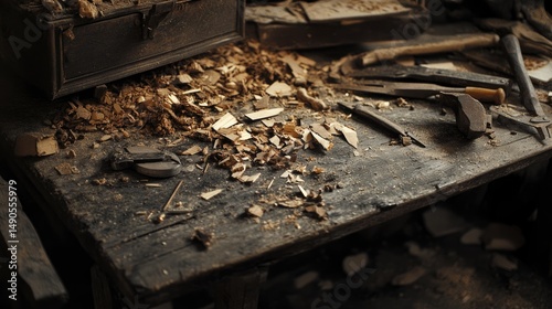 Wallpaper Mural Woodworking tools and wood shavings on a rustic workbench Torontodigital.ca