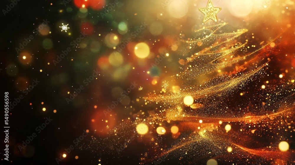 Naklejka premium Sparkling Golden Christmas Tree: A Festive Celebration of Lights and Joy