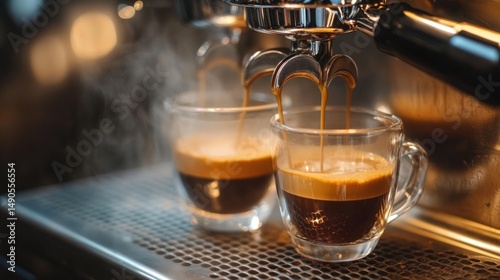 Espresso Machine Brewing Two Cups of Aromatic Coffee