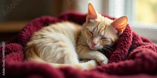 A fluffy ginger kitten peacefully sleeps curled up in a cozy, burgundy fleece blanket, enjoying a warm and restful slumber.