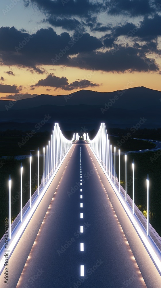Obraz premium Illuminated Cross-Sea Bridge at Night: Aerial View of Empty Highway with LED Lights. Scenic Mountain and Water Landscape in Background. Realistic Rendering for Car Advertisement. Dramatic Sky with Clo