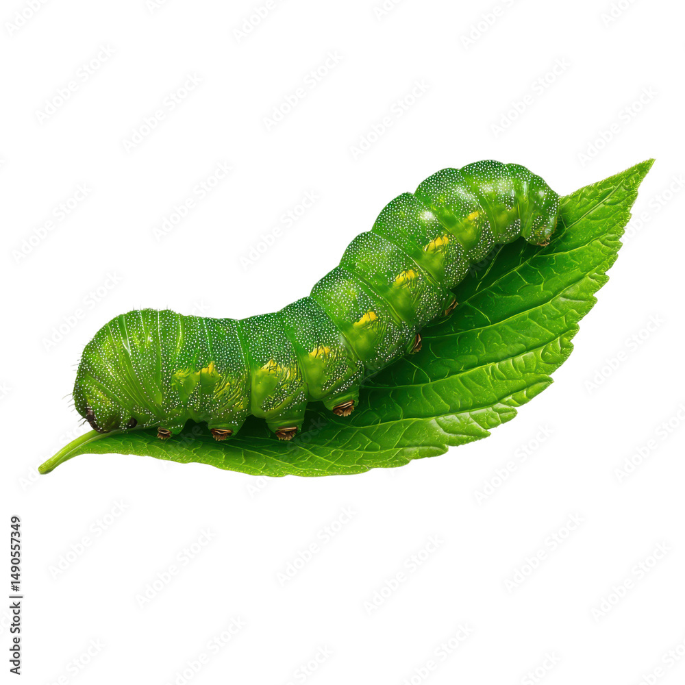 Naklejka premium Vibrant Caterpillar on Leaf: A captivating close-up view of a vivid green caterpillar gracefully resting on a lush green leaf, showcasing the wonders of nature and the beauty of wildlife.