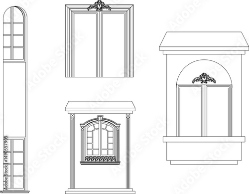 vector sketch illustration silhouette design of classic european vintage balcony window with pergola for classical elements