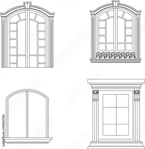vector sketch illustration silhouette design of classic european vintage balcony window with pergola for classical elements 
