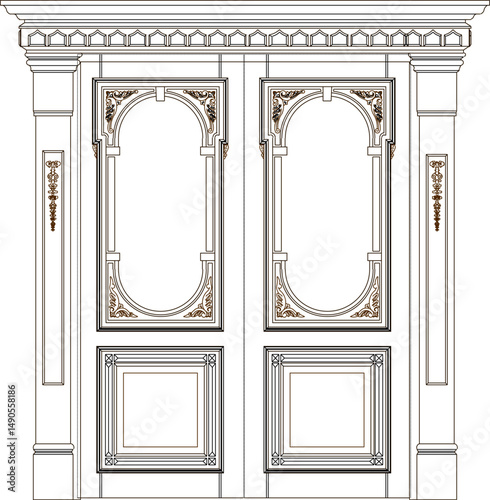 vector sketch illustration silhouette design of a unique classic vintage ethnic traditional teak wood door